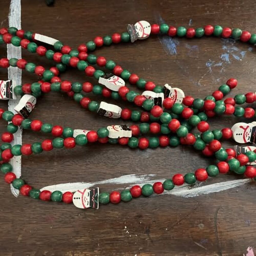 Vintage Wooden Snowman Christmas Garland 11 ft